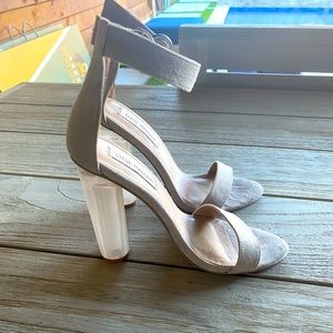 Gray suede ankle strap clear heeled sandles by Steve Madden